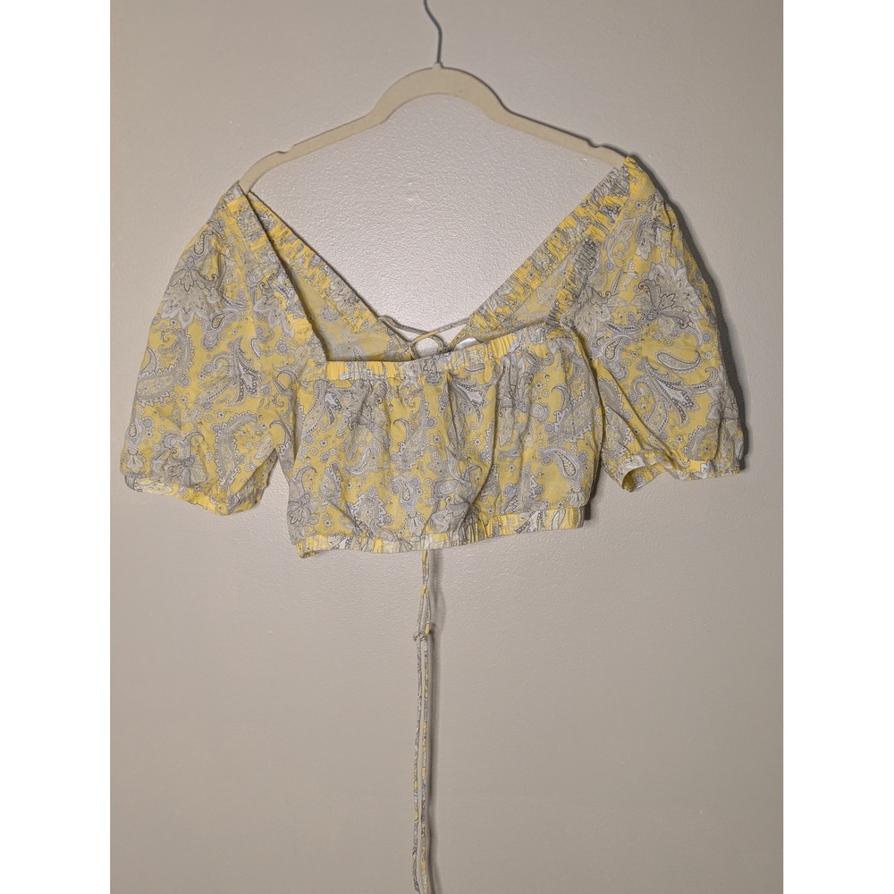 HM Divided Yellow Paisley Lace Front Crop Top Puff Sleeve Cotton Blouse Size M